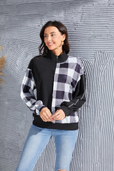 Plaid Exposed Seam Long Sleeve Blouse Black OutfitFlow