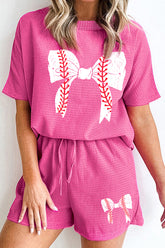 Waffle-Knit Bow Round Neck Top and Shorts Set Hot Pink OutfitFlow
