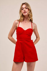 SO ME Fitted Open Back Game Day Romper with Lace Up Deta RED OutfitFlow
