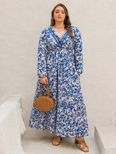 Plus Size Floral Print V-Neck Long Sleeve Maxi Dress Blue Purple Trendsi