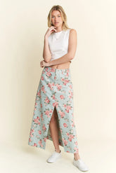 Jade By Jane Full Size Floral Print Front Slit Denim Maxi Skirt Plus Size L.DENIM OutfitFlow