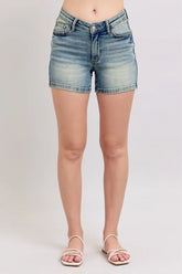 Judy Blue Full Size V-Front Vintage Wash Shorts Plus Size MD OutfitFlow