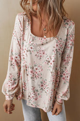 Printed Square Neck Long Sleeve Blouse Floral OutfitFlow