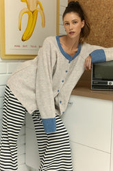 Annie Wear Contrast Trim Button Down Raglan Sleeve Cardigan Oatmeal Denim Blue OutfitFlow