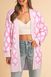 Geometric Open Front Long Sleeve Cardigan Blush Pink OutfitFlow