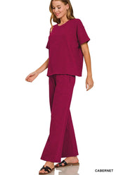 Zenana Slub Short Sleeve T-Shirt and Pants Set CABERNET OutfitFlow