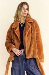 Davi & Dani Fuzzy Zip Up Collared Neck Jacket Brown OutfitFlow
