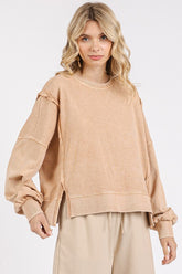 Mittoshop Side Slit Exposed Seam Round Neck Sweatshirt Tan OutfitFlow