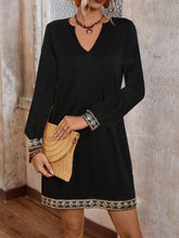 Embroidered Notched Long Sleeve Mini Dress Black OutfitFlow