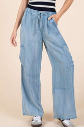 Mittoshop Washed Elastic Waist Cargo Wide Leg Pants Lt Denim OutfitFlow