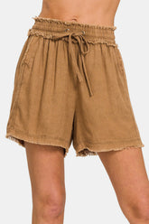 Zenana Washed Linen Frayed Hem Drawstring Shorts Deep Camel OutfitFlow