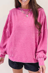 Round Neck Long Sleeve Sweatshirt Pink OutfitFlow