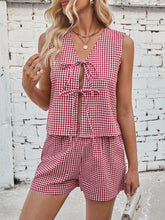 Lovelet Tied Plaid V-Neck Vest and Shorts Set Deep Red OutfitFlow