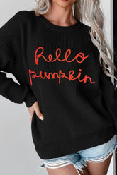 HELLO PUMPKIN Round Neck Long Sleeve Sweater Black OutfitFlow