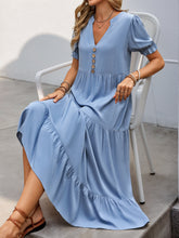 Notched Short Sleeve Tiered Midi Dress Light Blue OutfitFlow