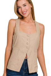Zenana Linen Tie-back 4-button Vest with Lining LT MOCHA OutfitFlow