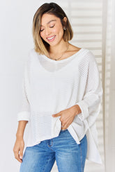 Zenana Full Size Waffle Knit V-Neck Long Sleeve Slit Top Ivory OutfitFlow