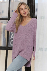 ADORA High-Low Side Slit V-Neck Sweater Lilac OutfitFlow