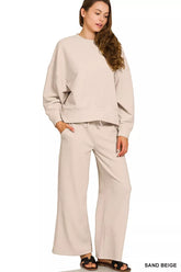 Zenana Ribbed Round Neck Pullover and Drawstring Pants Set SAND BEIGE OutfitFlow