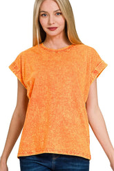 Zenana Crinkle Washed Round Neck Folded Short Sleeve Tee ORANGE OutfitFlow