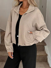 Drawstring Hem Textured Long Sleeve Jacket Khaki OutfitFlow