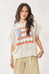 Davi & Dani American Flag Loose Fit Lace Sleeve Hoodie Top IVORY WHITE OutfitFlow