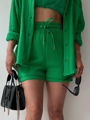 Texture Button Up Shirt and Drawstring Shorts Set OutfitFlow