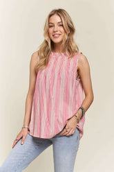 ADORA Contrast Striped Frill Round Neck Sleeveless Top Hot Pink OutfitFlow