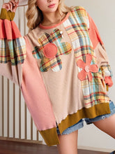 Slit Plaid Round Neck Long Sleeve Sweatshirt Plaid OutfitFlow