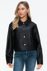 Snobbish Snap Down Long Sleeve PU Leather Jacket Black OutfitFlow