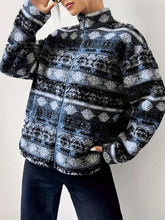 Geometric Turtleneck Zip Up Jacket Dark Blue OutfitFlow