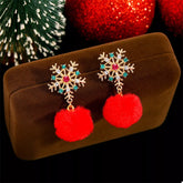 Christmas Snowflake Pom Pom Drop Earrings Red One Size OutfitFlow