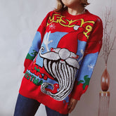 Printed Round Neck Long Sleeve Sweater Red OutfitFlow