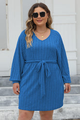 Plus Size Ribbed Tie Front Long Sleeve Sweater Dress OutfitFlow