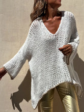 Contrast V-Neck Long Sleeve Sweater White OutfitFlow