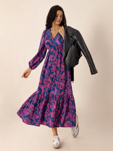 Printed V-Neck Long Sleeve Midi Dress Red-Violet OutfitFlow