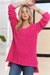 ADORA High-Low Side Slit V-Neck Sweater Hot Pink OutfitFlow