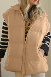 Zip Up Vest Coat with Pockets Tan OutfitFlow