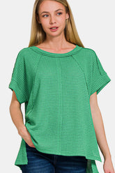 Zenana Waffle Exposed-Seam Short Sleeve T-Shirt K Green OutfitFlow