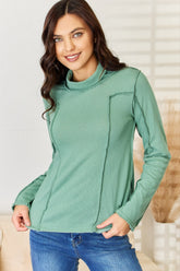 POL Exposed Seam Long Sleeve Knit Top EMERALD GREEN OutfitFlow