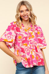 Haptics Full Size Frill Floral Puff Sleeve Blouse Blush Fuchsia OutfitFlow