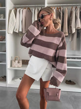Contrast Striped Long Sleeve Sweater Pink Brown OutfitFlow