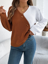 Two-Tone V-Neck Long Sleeve Sweater Brown OutfitFlow