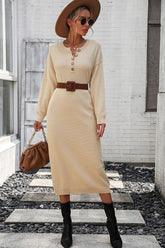 Decorative Button Notched Dropped Shoulder Sweater Dress Tan OutfitFlow
