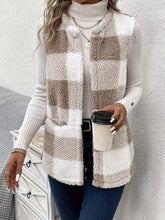 Cozy Plaid Sherpa Vest Coat Khaki OutfitFlow