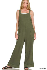 Zenana Knit Waffle Wide Leg Overalls DK OLIVE OutfitFlow