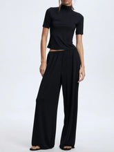 Mock Neck Short Sleeve Top and Pants Set Black OutfitFlow