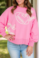 Football & Letter Round Neck Long Sleeve Sweatshirt Blush Pink OutfitFlow