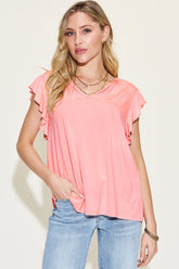 Basic Bae Full Size Bamboo Notched Ruffled Short Sleeve T-Shirt Blush Pink OutfitFlow