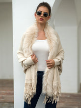 Fringe Open Front Long Sleeve Poncho Ivory One Size OutfitFlow